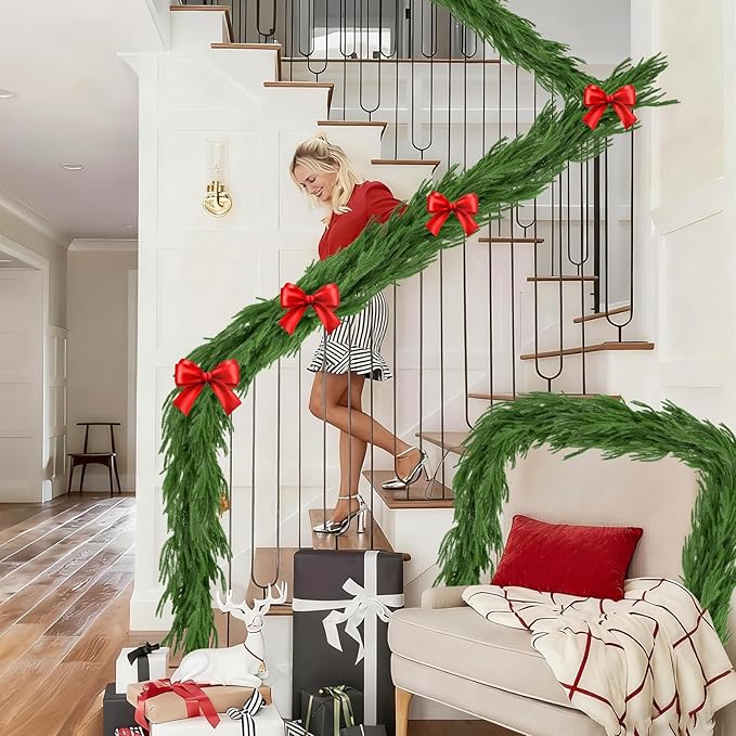 9FT Christmas Garland Artificial Norfolk Pine Garlands Real Touch Winter Green Greenery Garland Christmas Decoration Xmas Garland for Door Table Mantle Wall Indoor Outdoor Christmas Decor