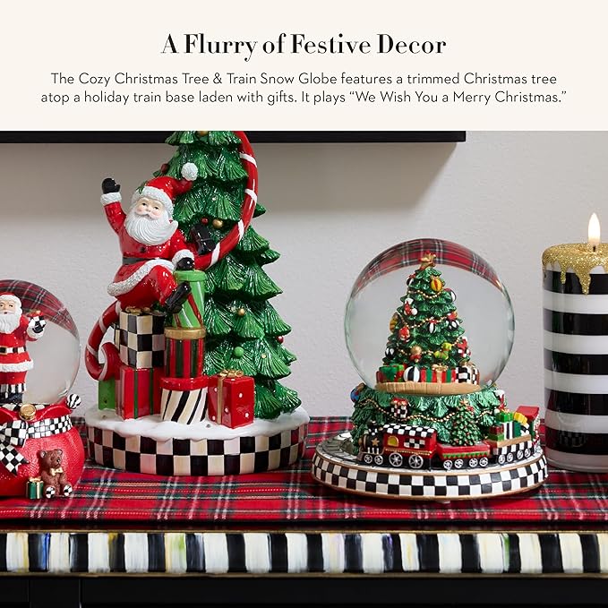 MACKENZIE-CHILDS Snow Globe, Musical Christmas Decor for Living Room, Cozy Christmas Tree & Train