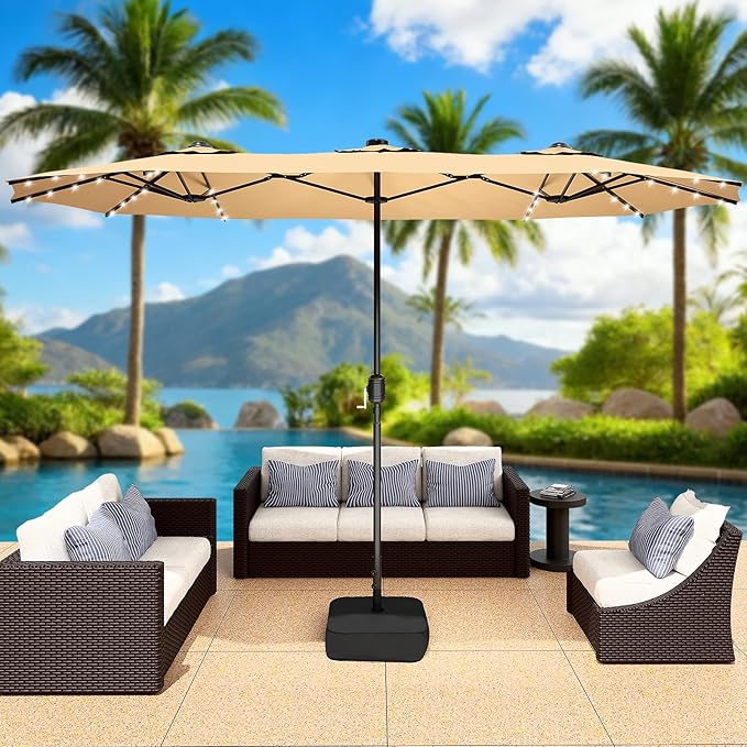 CHABATREE 15FT Rectangle Patio Umbrella with Base & Solar LED Lights - Double-Sided