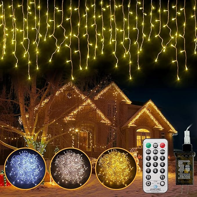 49.2FT icicle string lights for outdoor 528 LED 11 Modes Christmas Decorations Curtain Fairy String Lights with 64 Drops Remote Control for Wedding Party Holiday Decor (Warm White and Cool White)