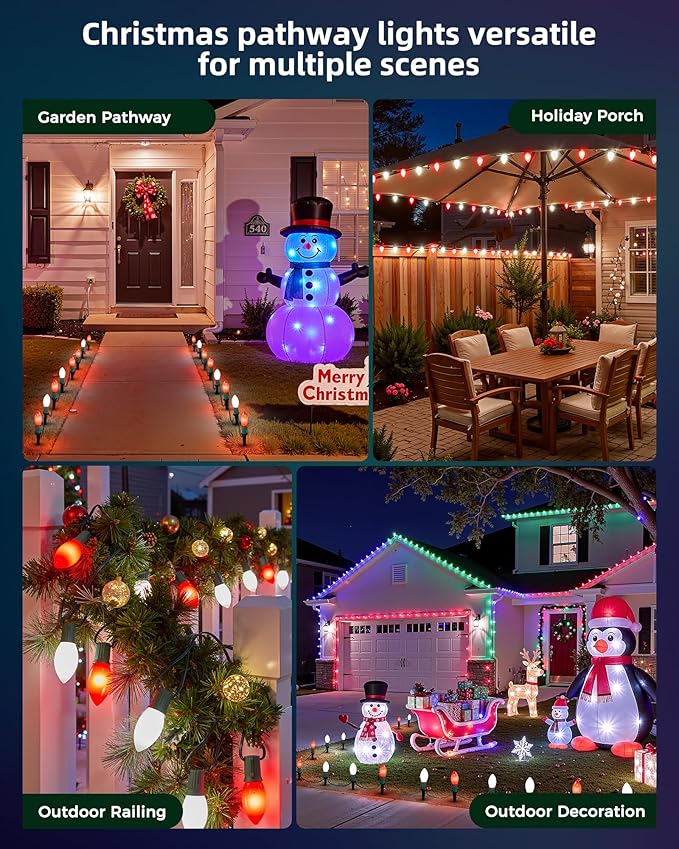 Frosted C9 Christmas Lights Outdoor, 25.7 Ft Christmas Pathway Lights with 20 LED Bulbs and Stakes, Connectable Christmas Yard Decorations Walkway Sidewalk Holiday, Red and White