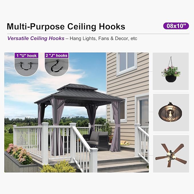PURPLE LEAF 8'x10' Hardtop Gazebo with Lights Permanent Galvanized Steel Double Roof Outdoor Patio Pavilion Including Netting and Curtains for Garden Backyard Grey