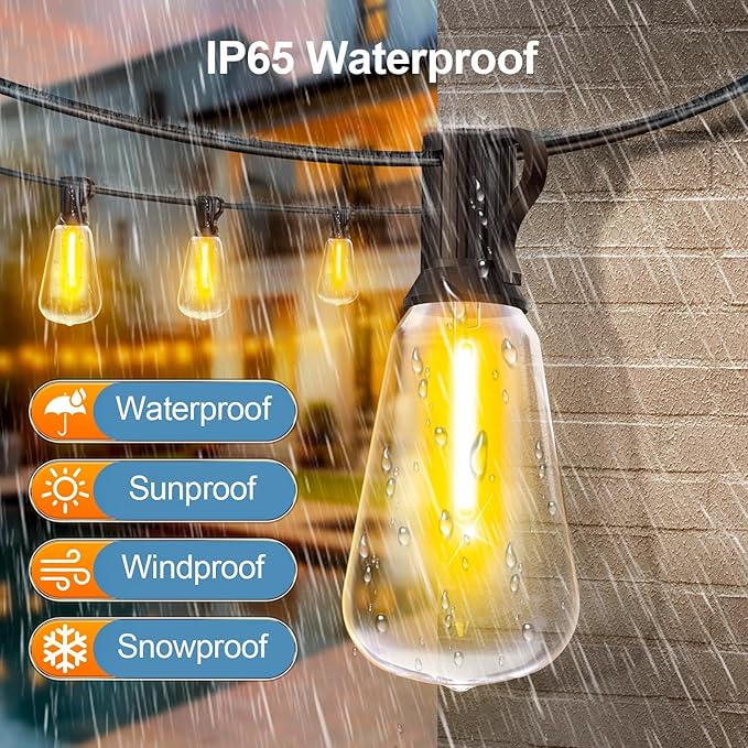 Outdoor String Led Patio Lights: 65Ft 20M Outside Waterproof Light ST38 Shatterproof Bulb Connectable Hanging Outdoor Electric Lighting for Backyard Yard Gazebo Porch Party