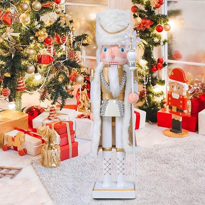 Christmas Nutcracker Decorations Nutcracker Figure 15 Inch Wooden Nutcrackers Collectible Ornament Nutcracker Soldier for Table Desktop Home Christmas Decor Xmas Indoor Decor White King