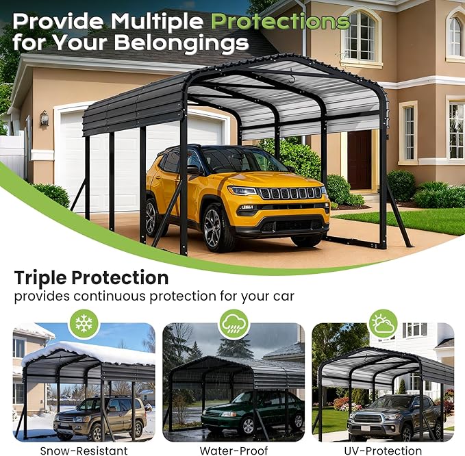 10x15FT Metal Carport, Heavy Duty Car Garage w/Reinforced Support Rods and Windproof Ground Anchors, All-Weather Multi-Use Outdoor Shelter for Car, Boats and Truck