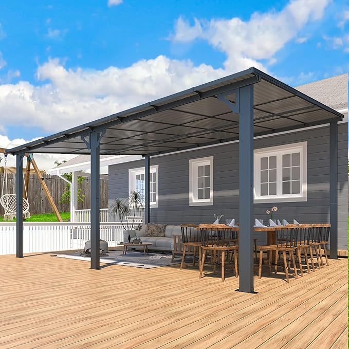 AECOJOY 16' x 12' Gazebo Outdoor Pergola for Patio, Large Wall-Mounted Hard Top 12x16 Lean to Metal Gazebo Shelter Pergolas and Gazebos Clearance with Patio Roof, Heavy Duty Awnings for Patio, Decks