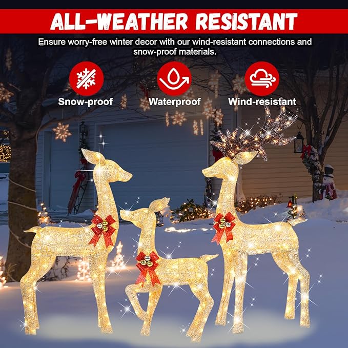 3-Piece 5Ft Lighted Christmas Deer Family Set, 3D Outdoor Christmas Decorations Yard with 280 Warm White LED Lights for Outdoor Front Yard Patio Lawn Garden Porch - Gold