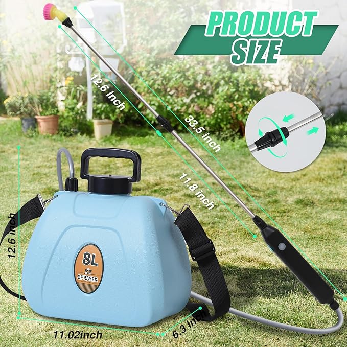 Battery Powered Sprayer 2 Gallon, Electric Garden Sprayer with 3 Copper Nozzles, 4 Spray Modes, Type-C Rechargeable, 30-60cm Retractable Wand, Shoulder Strap for Lawn & Garden