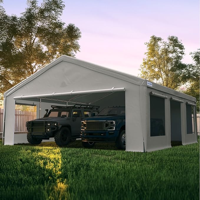 Quictent 20x20 ft Heavy Duty 2 Car Carports with Side Zipper Doors & Snowproof Steel Cables & Ventilated Windows, Waterproof Storage Shelter for Car, Boat, Outdoor Equipment, Gray