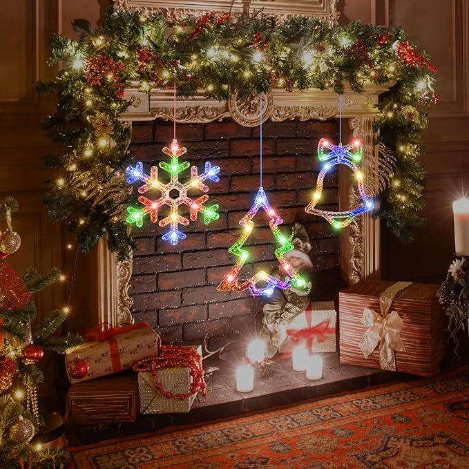 3Pack Christmas Window Lights Decorations with Timer,Battery Powered Christmas Hanging Multicolor Lighted Snowflake Tree Bells Shaped LED Sucker for 2026 Xmas Tree Fireplace Indoor Decor