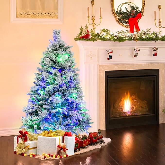 GOFLAME 4.5 FT Artificial Christmas Tree with Pine Needles, Snow Flocked Xmas Tree with 472 PE & PVC Branch Tips, 160 LED Lights & 26 Pine Cones, Hinged Decoration Tree with 8 Lighting Modes
