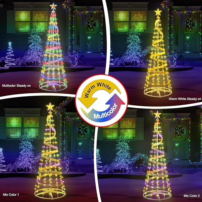 6 FT 180 LED Christmas Tree with Lights, Outdoor Christmas Cone Tree with 8 Modes Timer Remote Waterproof, Christmas Tree Lightshow for Indoor Outside Yard Porch Xmas Decorations, Multicolor