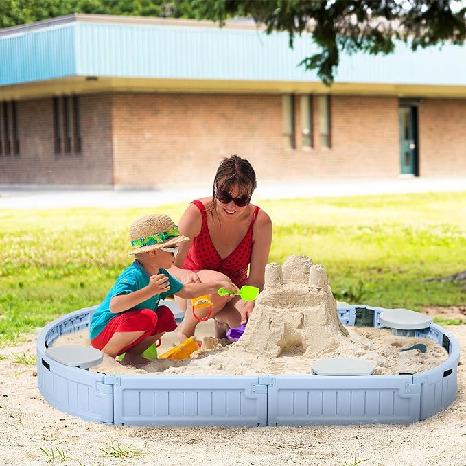 Outsunny Kids Outdoor Sandbox with Cover Garden Bed Sand Pit, Easy Assembly Children's Oval Sandbox for Backyard, Light Blue, 72 x 41.25 x 8.75