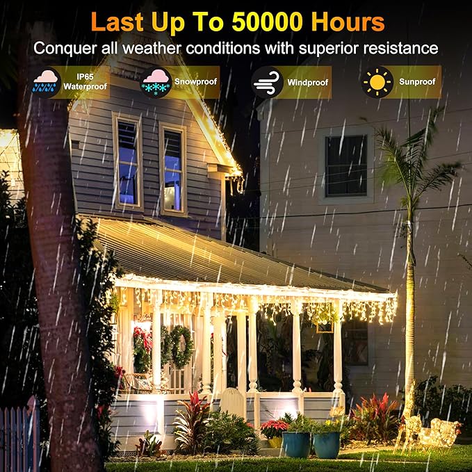 82 FT Outdoor Christmas Lights with 176 Drops, Christmas Decorations Fairy Lights 616 LED 8 Modes, Plug in Waterproof Hanging String Lights for Home Xmas Tree Yard Wedding Party Warm White