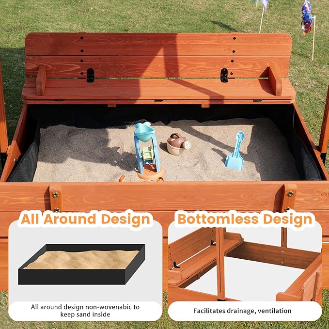 Wooden Kids Sandbox with Lid Sand Box with Canopy Outdoor Sandpit with Cover Adjustable Roof Bottom Liner