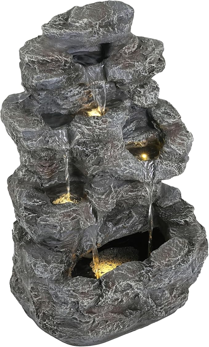 Merax 5-Tiered Concrete Tall Slim Fountain – 23.85" H LED Lit Outdoor Water Feature, Space-Saving Modern Design for Patio, Garden, Balcony, All-Weather Resistant