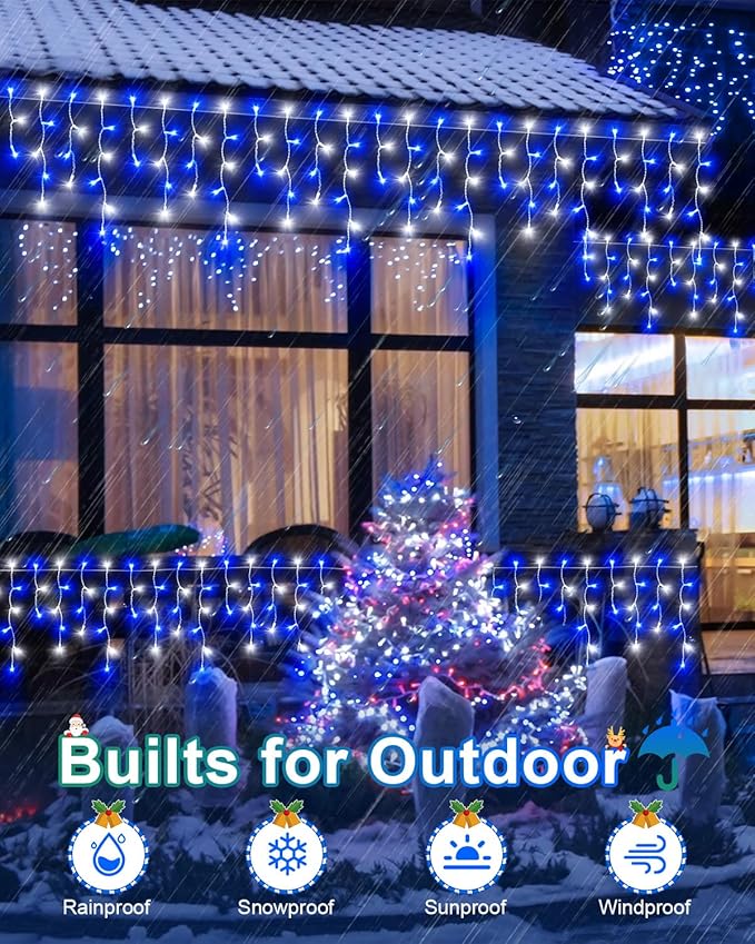 106 FT Christmas Lights Outdoor, 972 LED Waterproof Outside Christmas Lights Plug in, Connectable 8 Modes Hanging Fairy Lights with 216 Drops for House Eaves Yard Patio Blue and White
