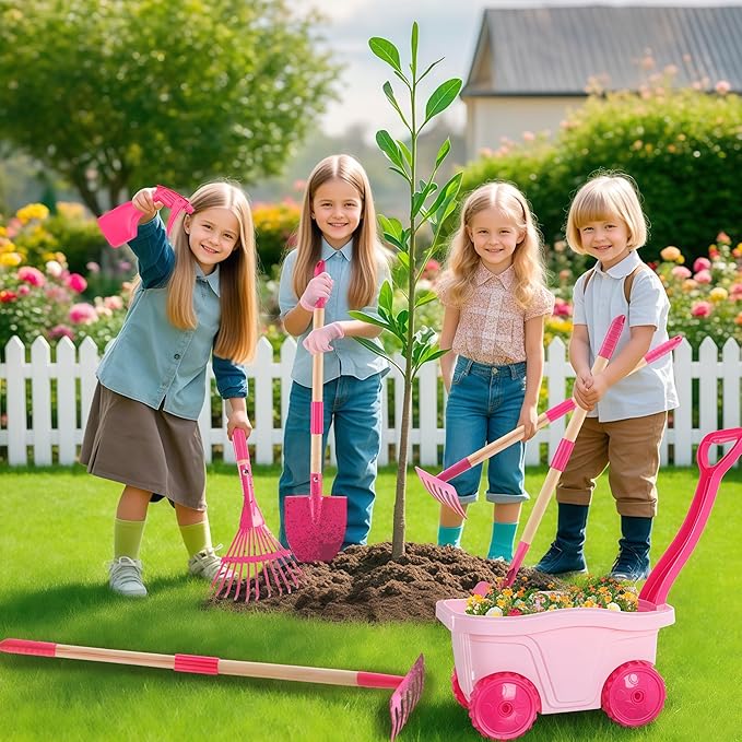 Duckura Kids Gardening Tools Set - 7pcs Wheelbarrow Set for Kids with Shovel, Rake, Leaf Rake, Summer Outdoor Yard Digging Weed Toys, Christmas Birthday Gifts for Boys Girls Age 2 3+ Years Old(Pink)