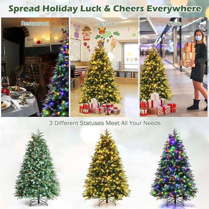 GOFLAME 5ft Pre-Lit Artificial Christmas Tree, Realistic Xmas Tree w/ 581 Branch Tips, 250 Multi-Color LED Lights, 28 Pinecones & Red Berries, Pine Tree w/ 11 Flash Modes for Holiday Decoration
