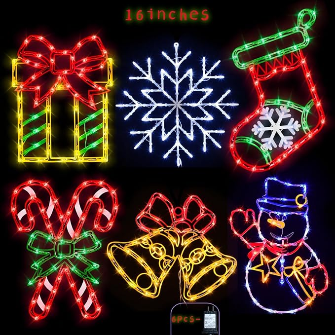 16" Christmas Window Silhouette Lights Decorations - 6 Pack Colour Lighted Candy Cane ＆ Snowman ＆ Christmas Stocking ＆ Bell ＆ Gift Box ＆ Snowflake for Holiday Wall Door Window Decorate