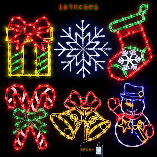 16" Christmas Window Silhouette Lights Decorations - 6 Pack Colour Lighted Candy Cane ＆ Snowman ＆ Christmas Stocking ＆ Bell ＆ Gift Box ＆ Snowflake for Holiday Wall Door Window Decorate