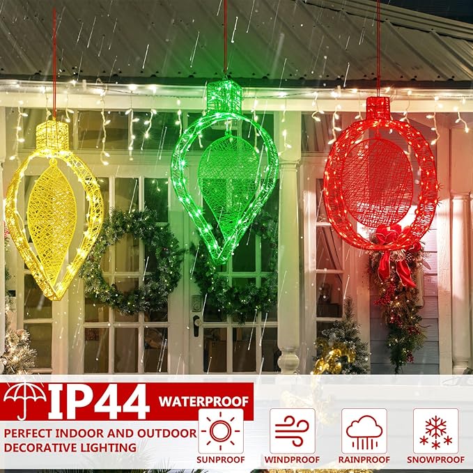 3 Pcs Outdoor Hanging Lighted, 16 h Christmas Pre-lit Hanging Lights Ornament for Outside, Red Green Yellow Metal Christmas Lantern Decoration for Balcony Yard Garden, 300 LED