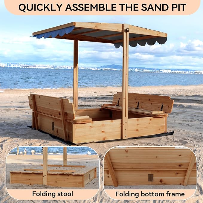 Wooden Sandbox with Lid & Canopy Cover, 48x48 Large Outdoor Sand Box for Kids Ages 4-8, with Foldable Bench Seats, UV-Resistant & Adjustable Height Roof & Bottom Liner