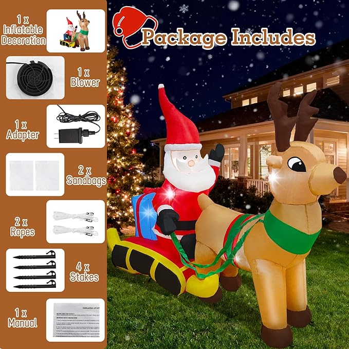 7.2 Ft Length Christmas Inflatable Santa on Reindeer Sleigh Decoration, Durable Blow Up Decoration Built-in LED Light, Christmas Inflatables for Garden Patio Lawn Home Indoor Winter Holiday Party