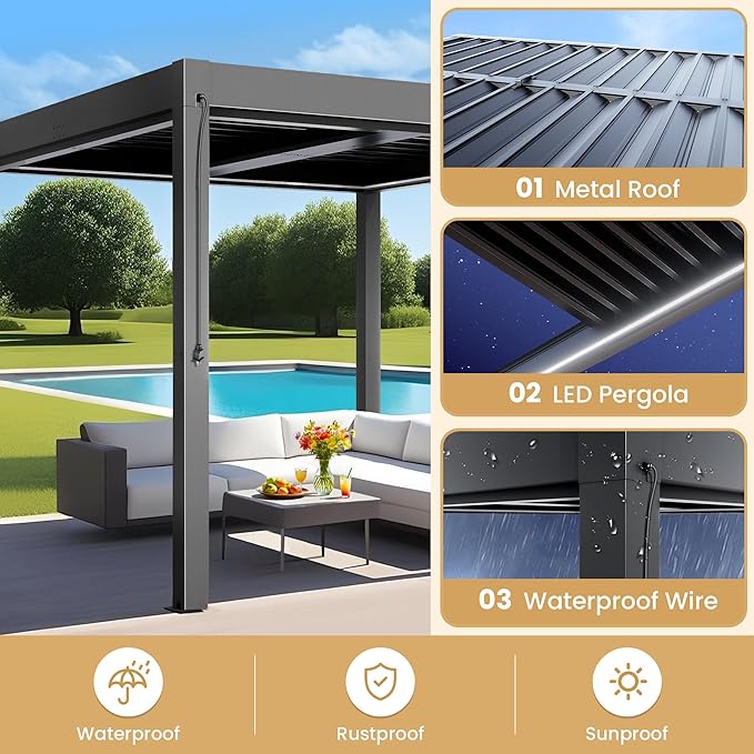 Greesum 10x10FT Outdoor Aluminum Pergola, Electric Adjustable Louvered Pergola with LED Lights and Gutter System, Metal Gazebo for Patio, Deck, Garden, Yard, Black
