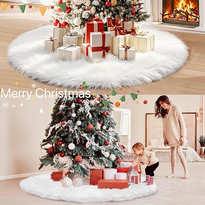 Christmas Tree Skirt, 48 Inch Christmas Decorations Tree Skirt, Faux Fur White Soft Long Thick Velvet Silver Sparkly Sequin Tree Rug, Large Tree Base Cover Mat Merry Christmas Holiday Party