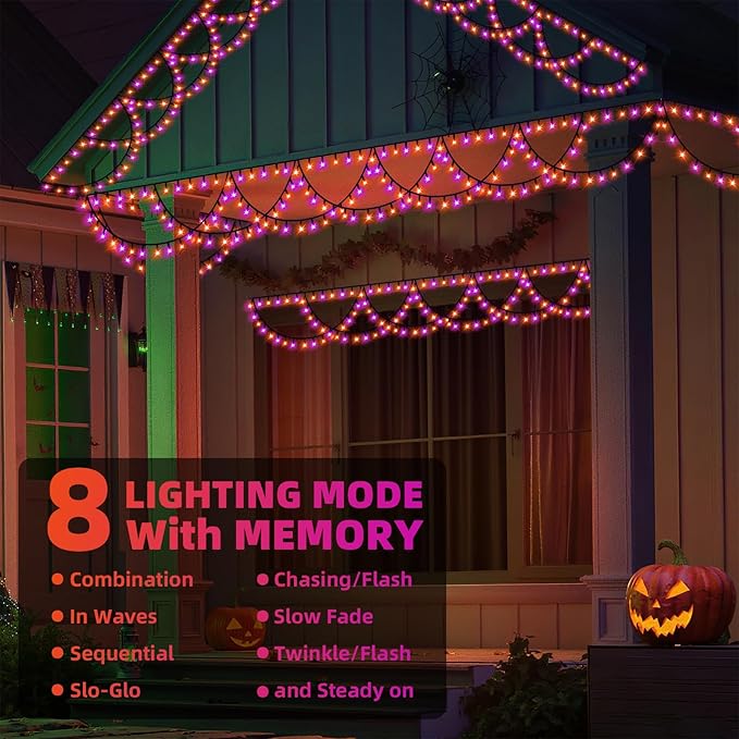 XTF2015 Halloween Lights Outdoor Color Changing 40FT 380 LED Orang Purple Halloween String Lights Extendable 8 Modes, Waterproof Half Round Hallowee n Light for House Roof Eaves Garden Patio