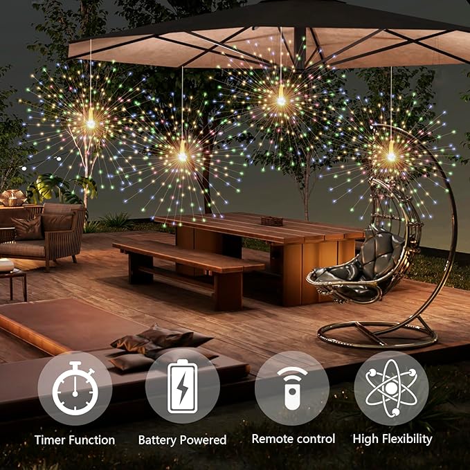 2 Pack Starburst Sphere Lights,200 LLED Firework Lights, 8 Modes Dimmable Remote Control Waterproof Hanging Fairy Light, Copper Wire Light for Patio Parties Christmas (Colorful)