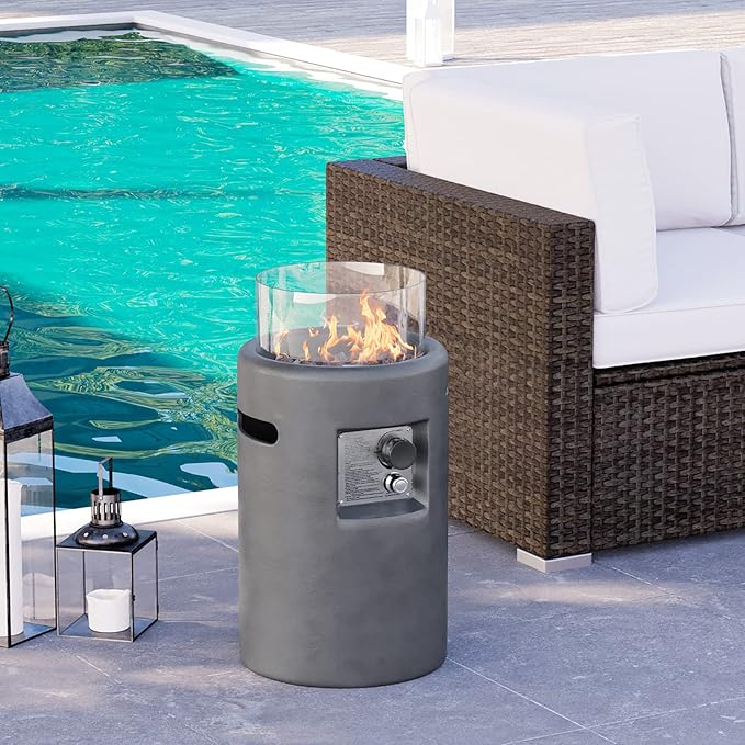 HOMPUS Propane Patio Fire Pit 40,000 BTU 16-inch Round Concrete Gas Fire Pit w Wind Guard,Lava Rocks and Rain Cover,Outside Smokless Firepit for Garden, Deck, Backyard, CSA Certified