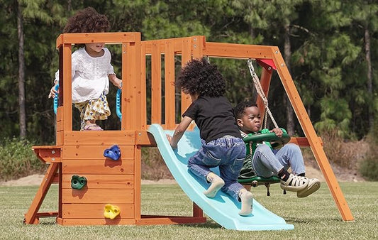 Dolphin Playground 5-in-1 Wooden Toddler Swing Set for Backyard, Playground Sets for Backyards with Baby Swing, Table, Blackboard, Kid Slide, Rock Climbing Wall, Toddler Outdoor Playset Ages 1-3