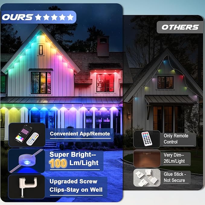 Brightever Permanent Outdoor Lights, 62FT Smart RGBIC Outdoor Light with 90 Scene Modes & 25 LED Eaves Lights, IP65 Waterproof Permanent Christmas Light for Daily/Holiday Decor, APP/Remote Control