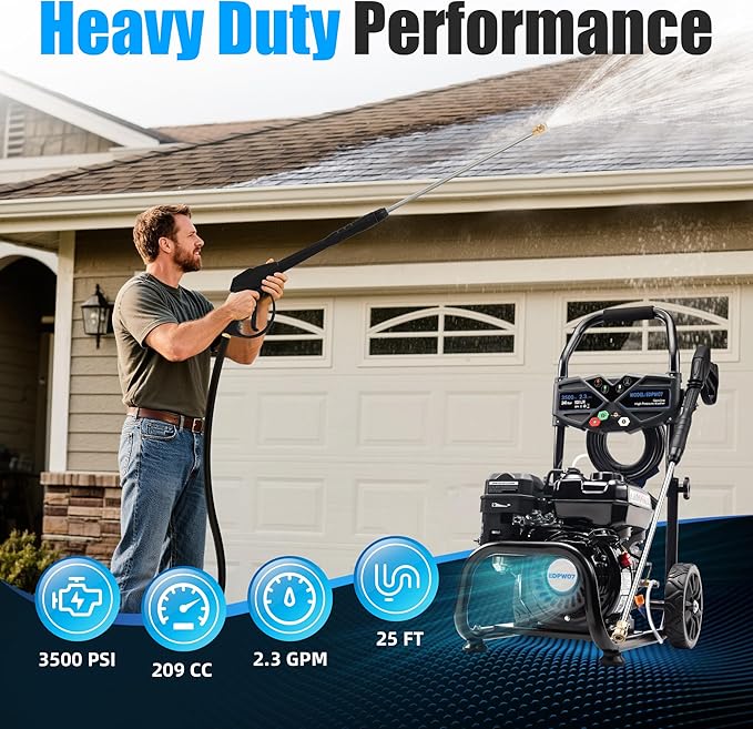 3500 PSI Gas Pressure Washer, 2.3 GPM Heavy-Duty High-Power Cleaner with 209CC 7HP Engine, 25Ft Hose, Axial Aluminum Pump, Soap Tank & 4 Quick-Connect Adjustable Nozzles (Black)
