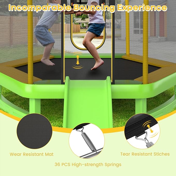 Goplus 7 FT Kids Trampoline with Slide, 87¡± ASTM Approved Toddler Trampoline with Galvanized Steel Frame & Safety Enclosure Net, Ladder, Indoor Outdoor Recreational Rebounder for Kids