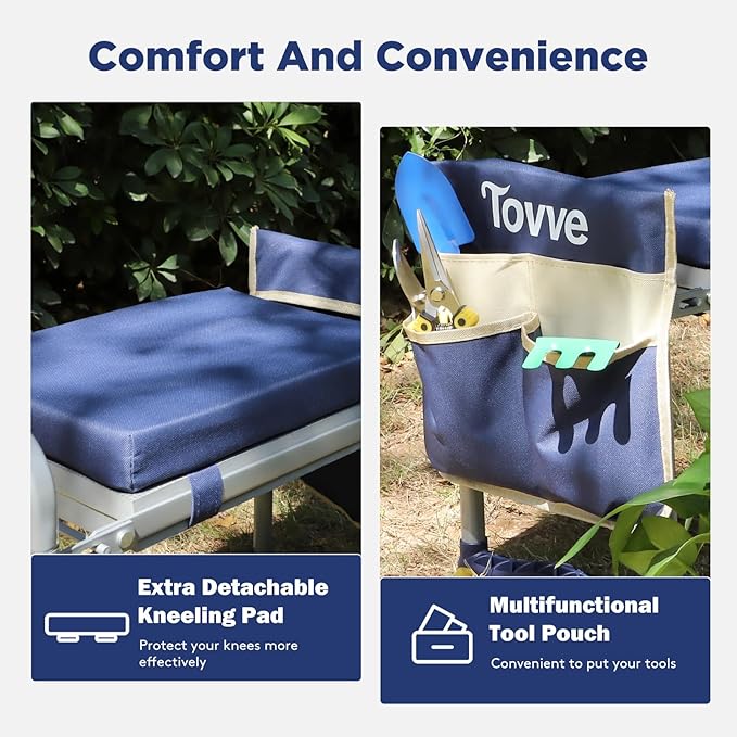 Foldable Garden Kneeler and Seat, Heavy Duty Garden Stool with 10 Wide Detachable Kneeling Pad, Portable Garden Bench Chair with Large Garden Tool Bag, Gardening Gifts for Women, Seniors, Mom