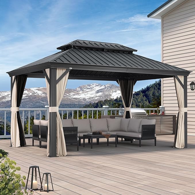 PURPLE LEAF 10' X 14' Aluminum Gazebo with Galvanized Steel Double Roof Permanent Hardtop Gazebo for Patio Lawn and Garden Included Netting and Beige Curtains