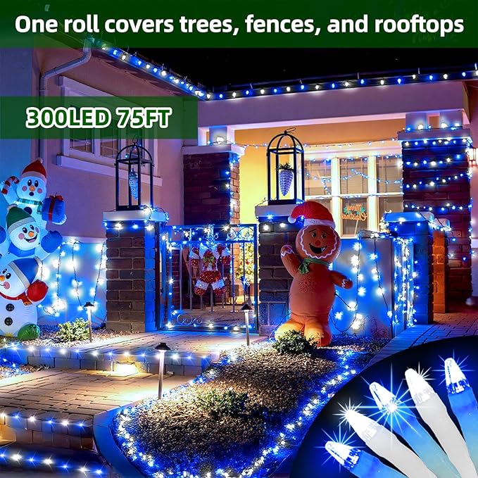 300LED Chrstmas Lights, 75ft Indoor Outdoor Christmas String Lights with 12 Modes, Blue Cool White LED String Lights with Timer Dimmable Waterproof for Tree Fence Wedding Party Decor Blue & White