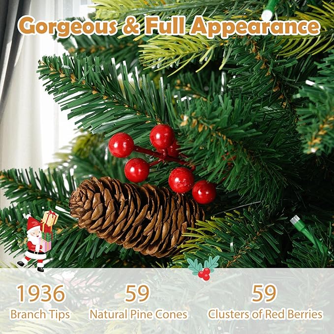 GOFLAME 8FT Pre-lit Artificial Christmas Tree, Hinged Xmas Tree with Remote and App Control, 650 Color & Mode Changing RGB Lights, Timer, 1936 Branch Tips, Pine Cones and Red Berries