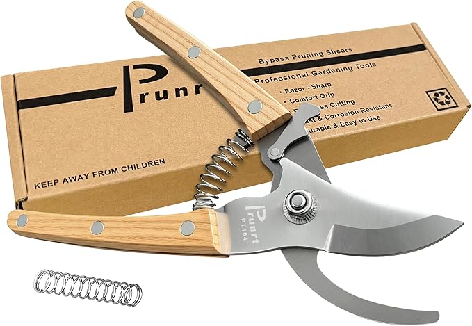 Pruning Shears for Gardening - 7.5 Hand Pruners with High Carbon Steel Blade, 5/8 Cutting Capacity, Ergonomic Wood-Inlaid Steel Handles, Safety Lock & a Spring Included - Garden Clippers