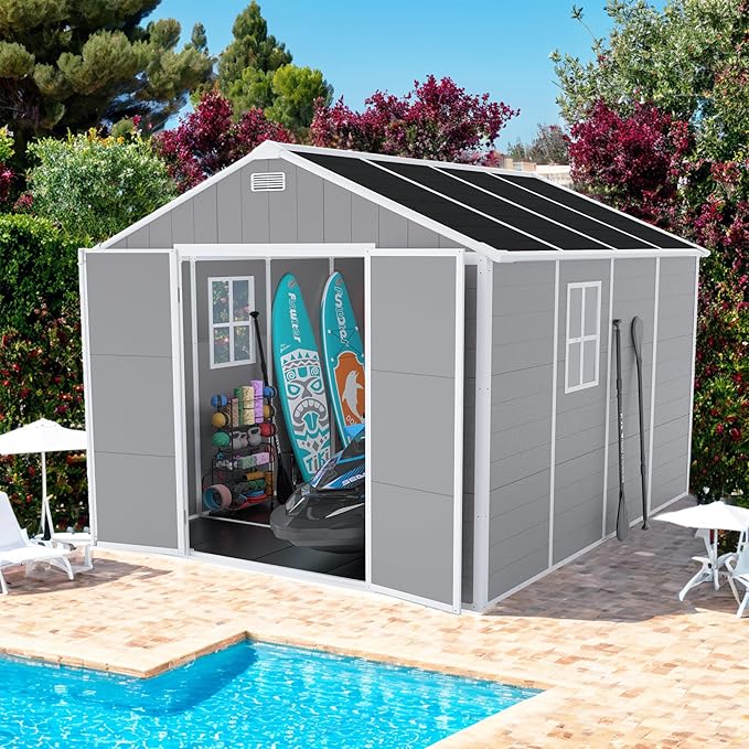 8x8 FT Resin Storage shed, Outdoor Storage Sheds with Floor, Window, Lockable Doors and Vents, 12mm Thick pp Board, Large Storage Space Tool Shed for Lawn, Backyard, Patio (Gray, 8 * 8ft)