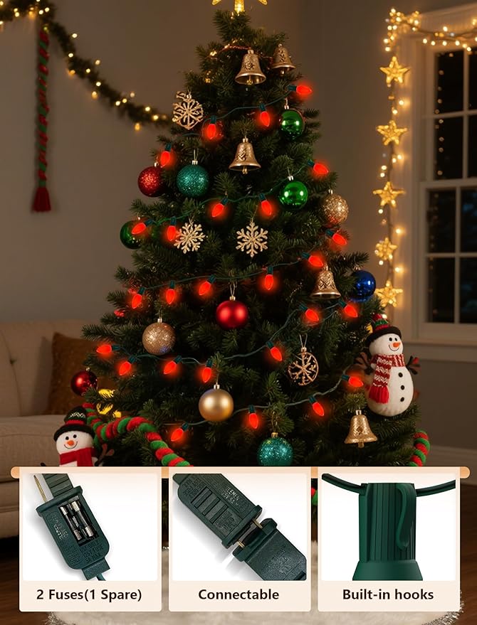 LED C9 Red Christmas Lights Outdoor, 25FT C9 LED Outdoor String Lights with 26 Shatterproof Red Bulbs, Waterproof Vintage Christmas Lights for Indoor Holiday Tree Roofline Patio Party Garden Decor