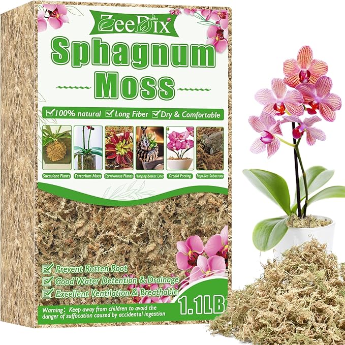 ZeeDix 1.1 lb Sphagnum Moss for Plants Indoor, Natural Long Fiber Sphagnum Orchid Moss Bulk for Carnivorous Plants, Succulents, Monstera, Flower & Reptile Terrariums Habitats (Expands to 25 qt)