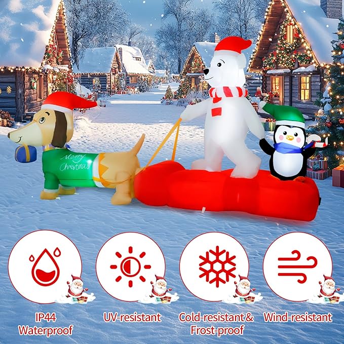 8FT Christmas Inflatable Outdoor Lighted Polar Bear & Penguins Carrying Dog Sleigh Decor, Sleigh-Riding Bear with a Candy Cane-Holding Penguin Yard Decor for Xmas Holiday, for Him, Her
