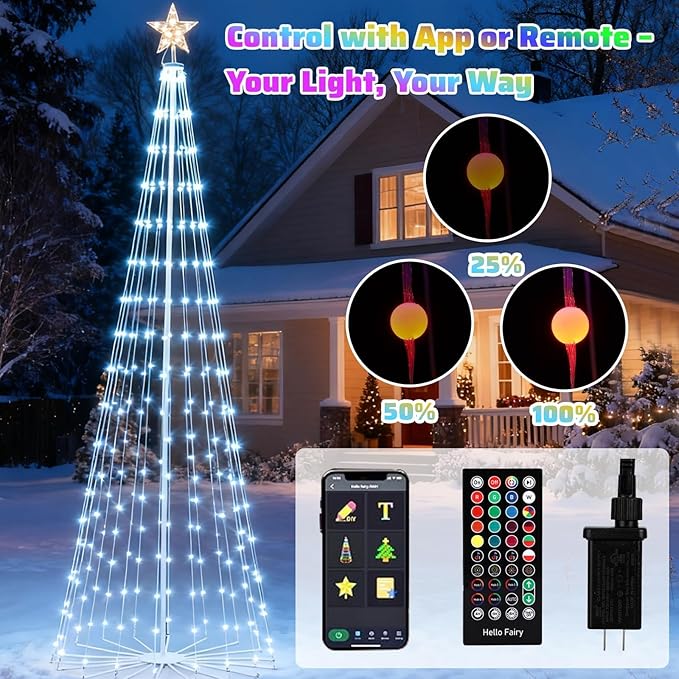 Outdoor LED Christmas Tree 7FT RGB Smart Cone Tree, 295 LED App & Remote Controlled Christmas Lights - DIY Light Show, Music Sync, Timer, IP44 Waterproof Yard Lawn Patio Holiday Decorations