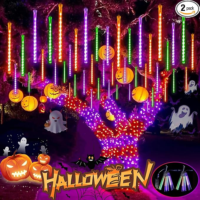 Outdoor Halloween Lights, 2 Pack Extendable Meteor Shower Lights Outdoor Waterproof with Timer, Total 432LED 18 Tubes Cascading String Light Plug in for Garden Halloween Yard (Orange Purple and Green)