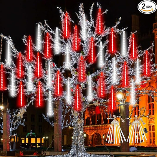 2 Pack Christmas Decorations Lights Outdoor, Extendable Meteor Shower Lights with Timer, Total 384LED 30cm 16 Tubes Indoor Outdoor Snow Cascading String Light for Xmas Party Yard Decor (Red and White)