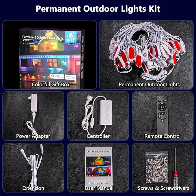 200FT Permanent Outdoor Lights Pro: Smart AI RGBTW Christmas Light,Cool/Warm Eaves Lights for Halloween Decoration, IP67 Waterproof Lighting for Garden Daily Decor, Work with Alexa, Google Assistant